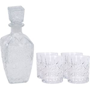 Glazen whisky/water karaf 900 ml met 4x luxe whiskyglazen 230 ml - Genieters of cadeau set
