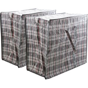 Multipak van 2x stuks mega/jumbo/XXL boodschappentas/shopper zwart geruit 55 x 30 cm van kunststof - Boodschappen tassen