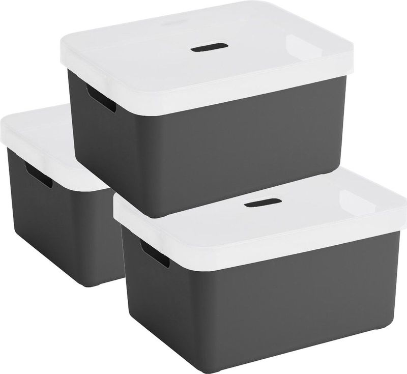 3x Sunware opbergbox/mand/kist van 32 liter antraciet grijs kunststof met transparante deksel - 45 x 35 x 24 cm