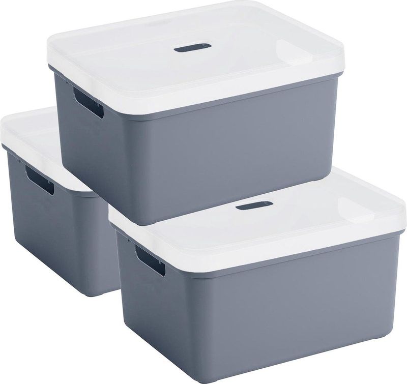 3x stuks Sunware opbergbox/mand/kist van 32 liter donkerblauw kunststof met transparante deksel - 45 x 35 x 24 cm