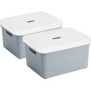 2x stuks Sunware opbergbox/mand/kist van 32 liter blauwgrijs kunststof met transparante deksel - 45 x 35 x 24 cm