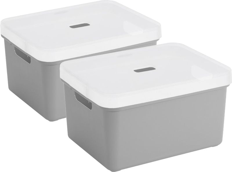 2x stuks Sunware opbergbox/mand/kist van 32 liter lichtgrijs kunststof met transparante deksel - 45 x 35 x 24 cm