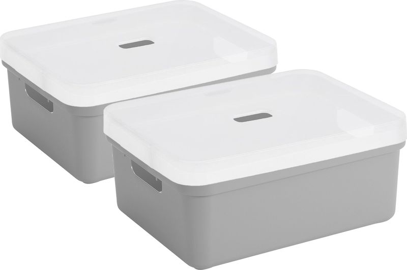 2x stuks Sunware opbergbox/mand/kist van 24 liter lichtgrijs kunststof met transparante deksel - 45 x 35 x 18 cm