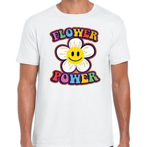 Jaren 60 Flower Power verkleed shirt wit met emoticon bloem heren - Sixties jaren 60 kleding
