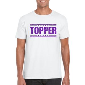Wit Topper shirt in paarse glitter letters heren - Toppers dresscode kleding