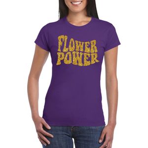 Paars Flower Power t-shirt met gouden letters dames - Sixties jaren 60 kleding