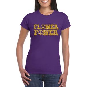 Paars Flower Power t-shirt peace tekens met gouden letters dames - Sixties jaren 60 kleding