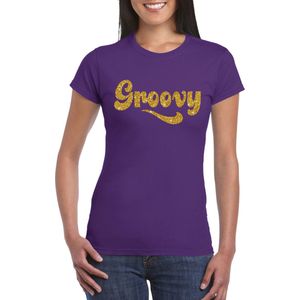 Paars Flower Power t-shirt Groovy met gouden letters dames - Sixties jaren 60 kleding