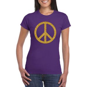 Paars Flower Power t-shirt gouden glitter peace teken dames - Sixties jaren 60 kleding