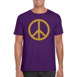 Paars Flower Power t-shirt gouden glitter peace teken heren - Sixties jaren 60 kleding