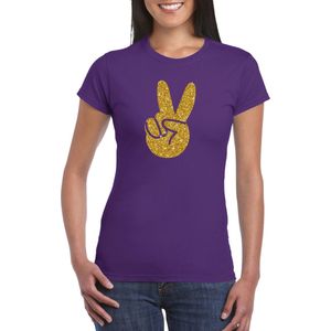 Paars Flower Power t-shirt gouden glitter peace hand dames - Sixties jaren 60 kleding