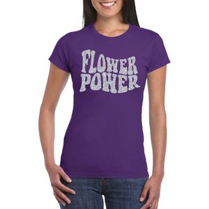Paars Flower Power t-shirt met zilveren letters dames - Sixties jaren 60 kleding