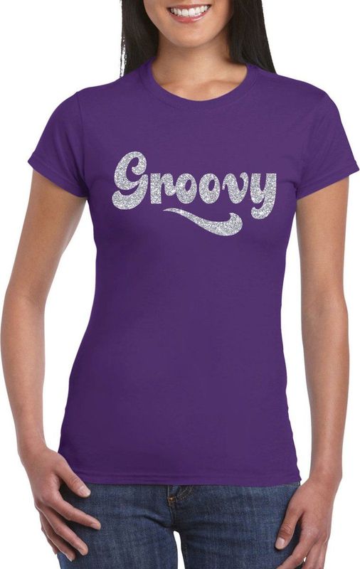 Paars Flower Power t-shirt Groovy met zilveren letters dames - Sixties jaren 60 kleding