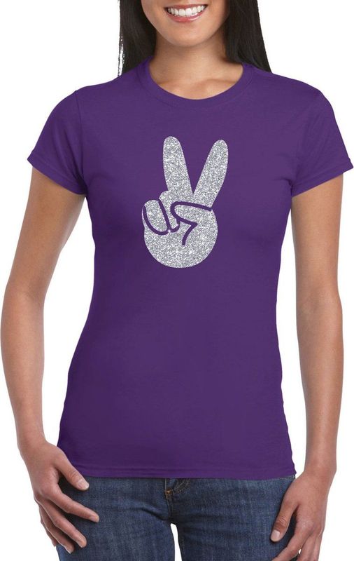 Paars Flower Power t-shirt zilveren glitter peace hand dames - Sixties jaren 60 kleding