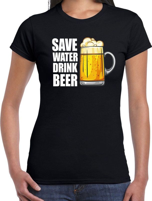Save water drink beer fun t-shirt - zwart - dames - Feest outfit kleding shirt