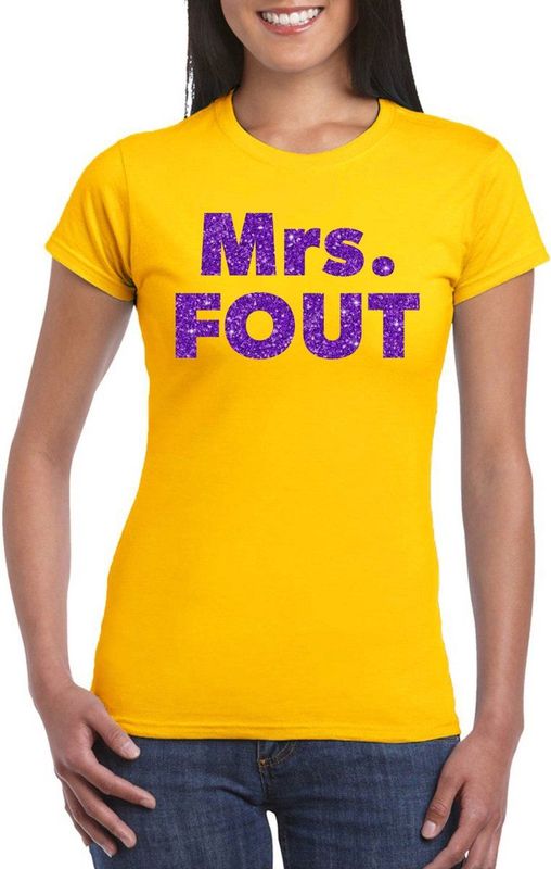 Geel Mrs Fout t-shirt met paarse glitters dames - Fout themafeest feest kleding