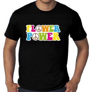 Toppers Grote Maten jaren 60 Flower Power verkleed shirt zwart met gekleurde peace tekens heren