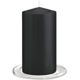 Trend Candles - Stompkaarsen met glazen onderzetters set van 2x stuks zwart 8 x 15 cm