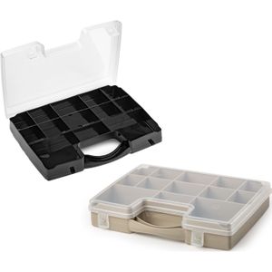 Forte Plastics - 2x opberg vakjesdoos/Sorteerboxen - 13-vaks kunststof - 27 x 20 x 3 cm - zwart en taupe