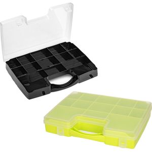 Forte Plastics - 2x opberg vakjesdoos/Sorteerboxen - 13-vaks kunststof - 27 x 20 x 3 cm - zwart en groen