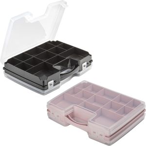 Forte Plastics - 2x opberg vakjesdoos/Sorteerboxen - 21-vaks kunststof - 28 x 21 x 6 cm - zwart en roze