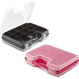 Forte Plastics - 2x opberg vakjesdoos/Sorteerboxen - 21-vaks kunststof - 28 x 21 x 6 cm - zwart en roze
