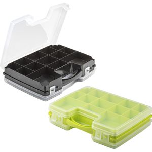 Forte Plastics - 2x opberg vakjesdoos/Sorteerboxen - 21-vaks kunststof - 28 x 21 x 6 cm - zwart en groen
