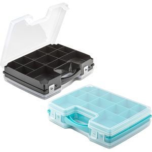 Forte Plastics - 2x opberg vakjesdoos/Sorteerboxen - 21-vaks kunststof - 28 x 21 x 6 cm - zwart en blauw