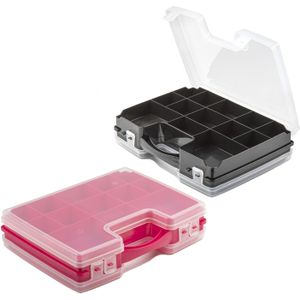 Forte Plastics - 4x opberg vakjesdoos/Sorteerboxen - 21-vaks kunststof - 28 x 21 x 6 cm - zwart en roze