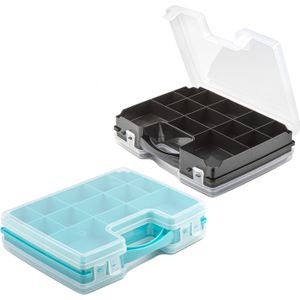 Forte Plastics - 4x opberg vakjesdoos/Sorteerboxen - 21-vaks kunststof - 28 x 21 x 6 cm - zwart en blauw