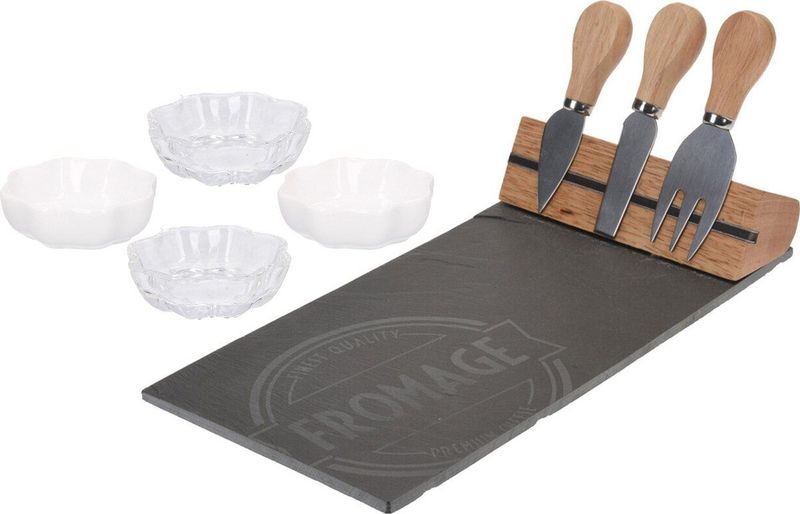 Luxe set van kaasplank met 3x kaasmesjes en 4x serveerschaaltjes