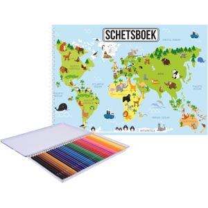 A4 Aarde/Wereldmap Thema Print Schetsboek/ Tekenboek/ Schetsblok Wit Papier met 36 Kleurpotloden