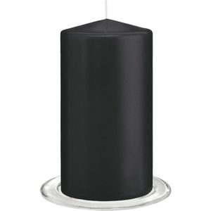 Trend Candles - Stompkaarsen met glazen onderzetters set van 2x stuks zwart 8 x 15 cm