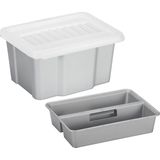 Sunware 2x opslagbox kunststof 24 liter lichtgrijs 42 x 33 x 22 cm met deksel en organiser tray