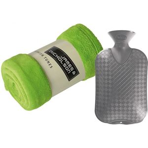Fleece deken/plaid - lime groen - 120 x 160 cm - kruik - 2 liter