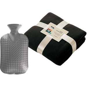 Fleece deken/plaid - zwart - 130 x 170 cm - kruik - 2 liter
