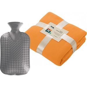 Fleece deken/plaid - oranje - 130 x 170 cm - kruik - 2 liter