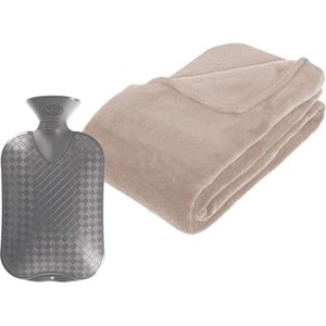 Fleece deken/plaid Beige 230 x 180 cm en een warmwater kruik 2 liter