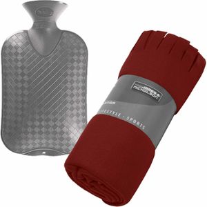 Fleece deken/plaid Rood 130 x 170 cm en een warmwater kruik 2 liter
