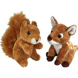 Ravensden - Bosdieren pluche knuffels - 2x stuks - Hertje en Eekhoorn - 15 cm