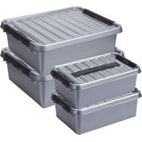 Sunware Opberg boxen - set 4x stuks - 12 en 25 liter - kunststof grijs - met deksel