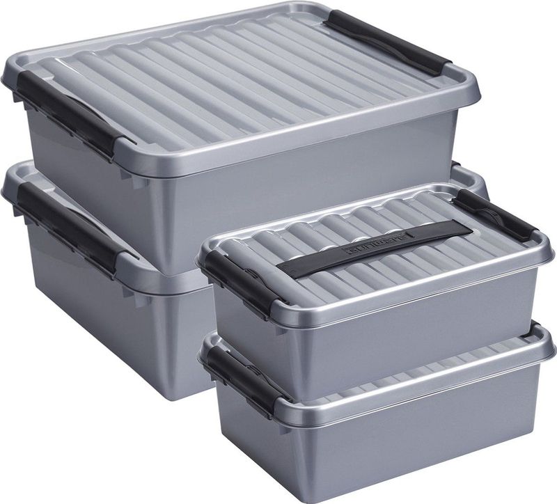 Sunware Opberg boxen - set 4x stuks - 12 en 25 liter - kunststof grijs - met deksel