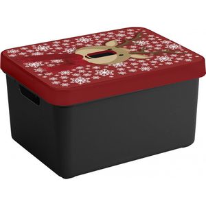 Sunware Kerstversiering opbergbox - zwart/rood - 44 x 34 x 24 cm - rendier print deksel