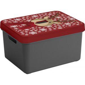 Sunware Kerstversiering opbergbox - antraciet/rood - 44 x 34 x 24 cm - rendier print deksel