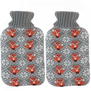 Warmwaterkruiken 2 liter met zachte gebreide vossen print hoes grijs 2x stuks - Kruiken