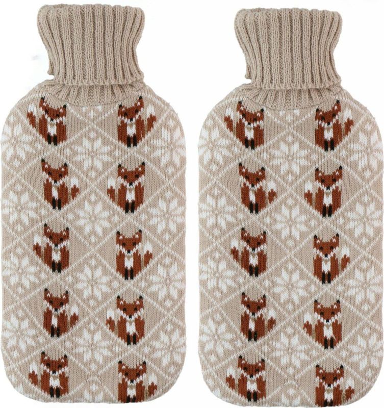 Kruik - 2 stuks - gebreide hoes - vossen print beige - 2 liter