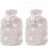Warmwaterkruiken 2 liter met zachte fleece hoes beige/hartjes 2x stuks - Kruiken