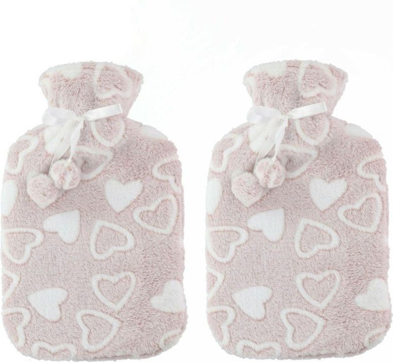 Warmwaterkruiken 2 liter met zachte fleece hoes beige/hartjes 2x stuks - Kruiken