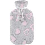 Warmwaterkruiken 2 liter met zachte fleece hoes lichtgrijs/hartjes 2x stuks - Kruiken