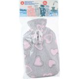 Warmwaterkruiken 2 liter met zachte fleece hoes lichtgrijs/hartjes 2x stuks - Kruiken